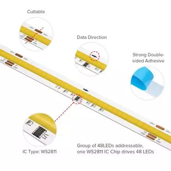 Светодиодная лента FCOB SPI CCT IC WS2811, адресуемая, 576 светодиодов, 2700K - 6500K, 10 мм, DC24V, гибкая, FOB, высокая плотность, COB-светильники RA90 3 Meters