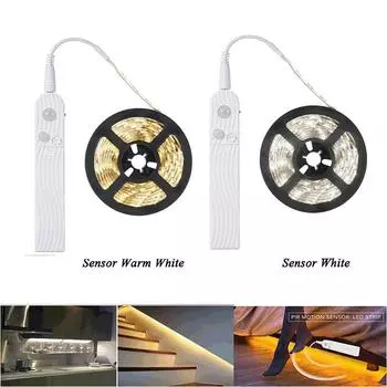 Светодиодная лента на батарейках 5 м с датчиком движения PIR, индукционная ночная лента для освещения под шкафом для внутреннего освещения шкафа 0.5M