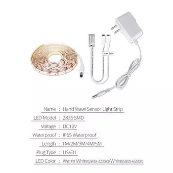 Светодиодная лента постоянного тока 12 В с датчиком взмаха руки для комнаты, кухни, шкафа, лестницы, ручное включение/выключение диодной ленты, регулируемая яркость освещения шкафа 1m