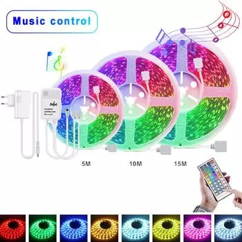 Светодиодная лента с синхронизацией музыки RGB 5050, светодиодная лампа 5 м, 10 м, 15 м, 12 В постоянного тока, гибкая лента, праздничная декоративная лампа для спальни с адаптером ЕС