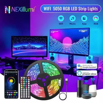 Светодиодная лента WIFI RGB 5050 Bluetooth длиной 1–10 м с USB-кабелем, синхронизацией музыки, гибкая лента 5 В, умная лампа Alexa для декора комнаты для вечеринок 1m