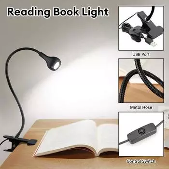 Светодиодная настольная компьютерная лампа USB Clip On Light Гибкая гусиная ножка Clip Book Light для прикроватного освещения Лампа для чтения Белый свет 6500K чёрный