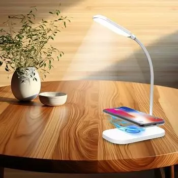 Светодиодная настольная лампа с беспроводным зарядным устройством и портом USB, ночник у кровати, сенсорная регулировка яркости, защита глаз для игр, чтения, дома белый