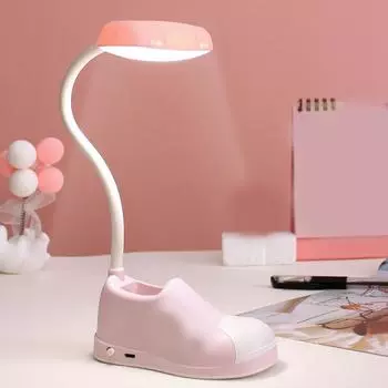 Светодиодная настольная лампа с держателем для телефона и ручек, симпатичная регулируемая многофункциональная настольная лампа на гибкой шее для детей, чтения в спальне, розового цвета