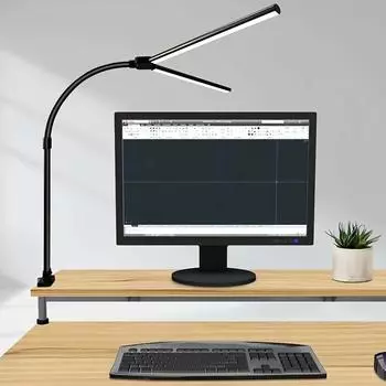 Светодиодная настольная лампа с длинным кронштейном для глаз, трехцветная затемняющая лампа для чтения и обучения в спальне, лампа с длинным кронштейном для работы, красоты, складная лампа с зажимом на кронштейне One Size чёрный