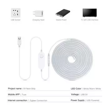 Светодиодная неоновая лента Zigbee 3.0 Tuya Smart Life DC5V SMD 2835 120 светодиодов/м Гибкая трубчатая лампа Работает с Alexa Google Home 1m белый