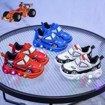 Светодиодная обувь для мальчиков, детская спортивная обувь с изображением мультяшных машин, износостойкие противоскользящие модные кроссовки для мальчиков 21 красный