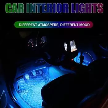 Светодиодная подсветка для ног автомобиля, окружающая лампа с беспроводным USB-пультом дистанционного управления музыкой, несколько режимов, декоративное освещение для интерьера автомобиля 24USB RC