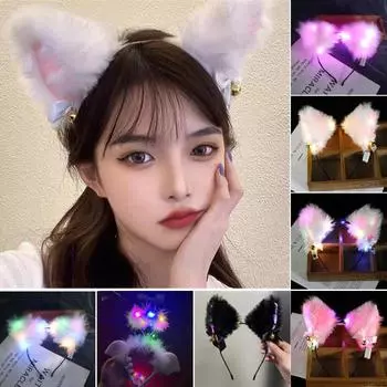 Светодиодная повязка на голову с колокольчиком, 3-скоростная вспышка, дизайн с бантом, светящийся плюшевый светящийся обруч для волос с кошачьими ушками для вечеринки C