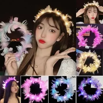 Светодиодная повязка на голову с перьями, повязка на голову с ангельским нимбом, светящийся головной убор для женщин и девочек free size