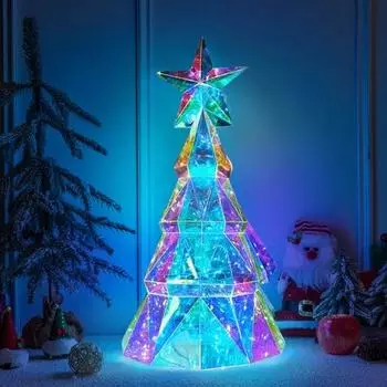 Светодиодная рождественская елочная игрушка, светящаяся многогранная фигурка рождественской елки со звездой наверху, праздничный декор для украшения домашнего стола 38cm White Light.