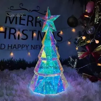 Светодиодная рождественская елочная игрушка, светящаяся многогранная фигурка рождественской елки со звездой наверху, праздничный декор для украшения домашнего стола 38cm White Light.