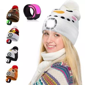 Светодиодная шапка для взрослых, перезаряжаемая USB-налобная шапка со светодиодным браслетом, зимняя теплая вязаная шапка с ночником, подходит для кемпинга, бега, прогулок 23*21cm белый