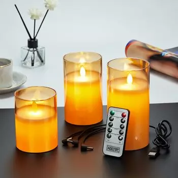 Светодиодная свеча AnnTec LED LED золотистого цвета, которая мерцает как настоящий теплый цвет без использования энергии, поставляется со специальным пультом дистанционного управления яркостью USB LED свеча, стекло,