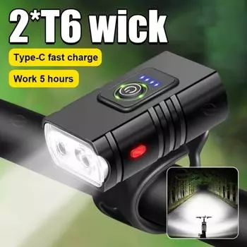 Светодиодная велосипедная фара с двумя фитилями T6, перезаряжаемая через USB Type-C, материал ABS, 6 режимов освещения, велосипедное оборудование