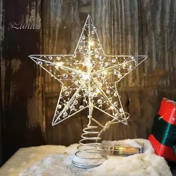 Светодиодная звезда, верхушка для рождественской елки, блестящая золотая металлическая звезда, светящееся украшение на батарейках, полая звезда, верхняя подсветка для рождественских вечеринок, домашних баров A