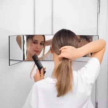 Светодиодное черное трехстворчатое зеркало для самостоятельной стрижки с подсветкой, регулируемая высота, трехстороннее зеркало для самостоятельной стрижки, портативное зеркало с высоким разрешением чёрный