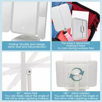 Светодиодное тройное зеркало для макияжа + 2-кратное + 3-кратное увеличение, 3 регулируемые цветовые температуры, бесступенчатая регулировка белый