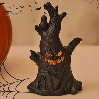 Светодиодное украшение на дерево-призрак на Хэллоуин, жуткое призрачное лицо, статуя пня, светящаяся настольная фигурка для украшения сада, двора, газона, подоконника дома A