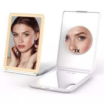 Светодиодное зеркало для макияжа, перезаряжаемое, портативное, с подсветкой, 3-кратное увеличение, 3-цветное освещение, сенсорный экран с регулировкой яркости, складное, косметическое