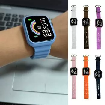 Светодиодные электронные часы с квадратным радужным циферблатом, сплошной цвет, мягкий противоскользящий ремешок, регулируемый детский студент, повседневные спортивные цифровые наручные часы, подарок на день рождения чёрный