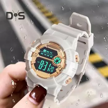 Светодиодные электронные часы, водонепроницаемые, противоскользящие, регулируемый ремешок, круглый циферблат, детские, студенческие, повседневные, спортивные, цифровые наручные часы, подарок на день рождения серый/золотой