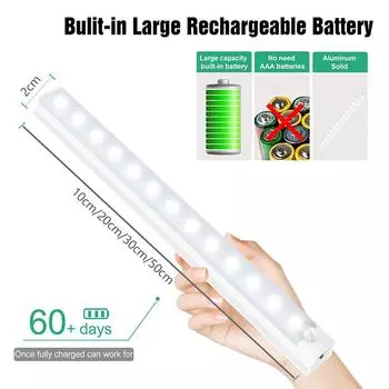 Светодиодные барные светильники Датчик движения Перезаряжаемый ночник Светодиодный светильник под шкафом Лестница Шкаф Детектор прохода Внутреннее освещение Warm White (2700-3500K)