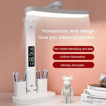 Светодиодные часы, настольная лампа, USB-зарядка, регулируемая яркость, складная защита для глаз, настольные лампы для чтения, ночники, освещение для учебы