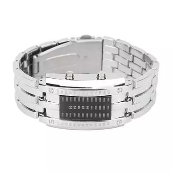 Светодиодные часы Уникальный дисплей двоичного режима времени Выпуклая дуговая структура Водонепроницаемые светодиодные наручные часы серебряный