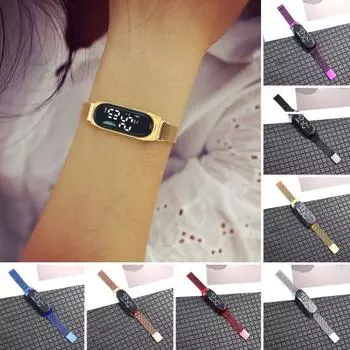 Светодиодные цифровые часы Водонепроницаемые магниты из нержавеющей стали Сенсорный экран Разборчивый циферблат Высокоточный длинный циферблат Спортивные наручные часы унисекс с батарейным питанием красный