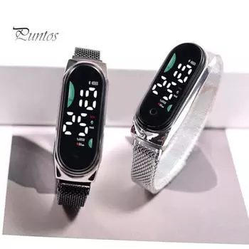 Светодиодные цифровые часы Водонепроницаемые магниты из нержавеющей стали Сенсорный экран Разборчивый циферблат Высокоточный длинный циферблат Спортивные наручные часы унисекс с батарейным питанием красный