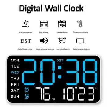 Светодиодные цифровые настенные часы с дистанционным управлением, температурой, датой, неделей, регулировкой яркости, электронные часы 12/24H Home Decor чёрно-фиолетовый