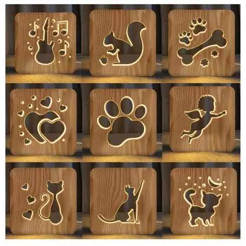 Светодиодные деревянные ночные лампы для спальни, настольная лампа с 3D абажуром для домашних животных USB