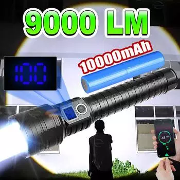 Светодиодные фонари высокой мощности 10000 мАч, перезаряжаемый светодиодный фонарик Type-C, сверхмощный фонарик 2000 м, уличный светодиодный фонарь with batteries чёрный