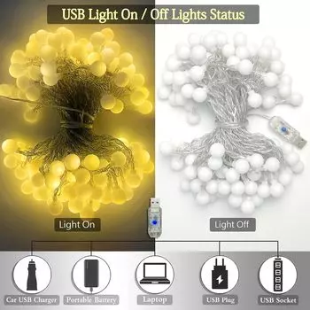 Светодиодные гирлянды для улицы/внутри 12 м, гирлянды с шариковой цепочкой, USB-светильники для гирлянд, вечеринок, домашнего рождественского декора теплый белый
