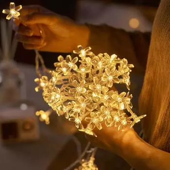 Светодиодные гирлянды из хрустальных вишневых цветов, декоративные фонарики на батарейках с цветами, праздничные украшения 1.5m 10leds