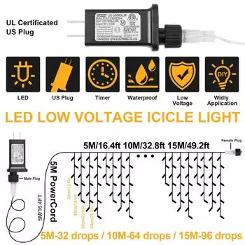 Светодиодные гирлянды в виде сосулек с эффектом памяти 5/10/15 м, водонепроницаемые, уличные рождественские гирлянды, 8 режимов, таймер, рождественский новогодний декор, вилка 31 В US PLUG