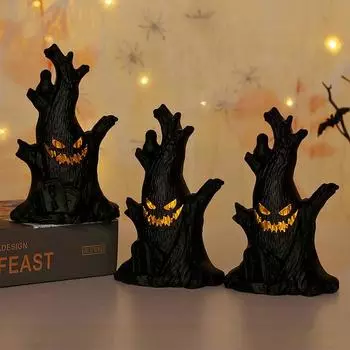 Светодиодные Хэллоуинские лица призраков Ночной светильник на дереве Беспламенные свечи Украшения для вечеринки на Хэллоуин Подарки на праздник Для детей и взрослых 2pcs