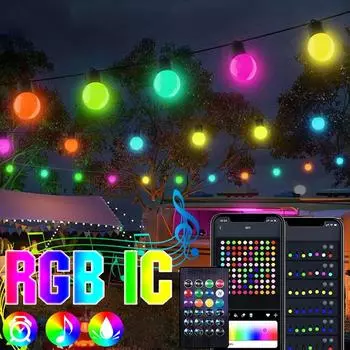 Светодиодные интеллектуальные садовые светильники RGBIC круглая гирлянда с приложением, регулируемая яркость, изменение цвета, водонепроницаемая музыка для рождественского двора, спальни USB