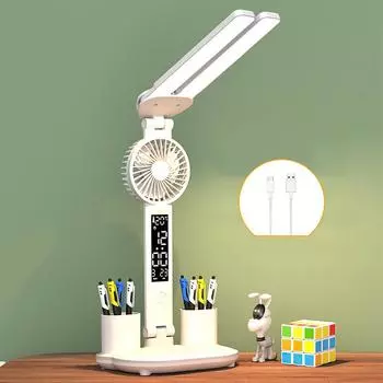 Светодиодные настольные лампы с вентилятором и часами, USB-зарядка, регулируемая яркость, 2 вращающиеся головки, складные, защита глаз, настольные ночные светильники для чтения
