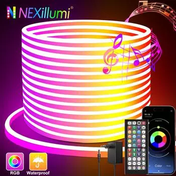Светодиодные неоновые огни Nexillumi RGB, пульт дистанционного управления с приложением Smart App, водонепроницаемый шнур IP65 для синхронизации музыки и смены цветов для спальни, игровой приставки EU plug