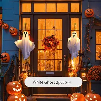 Светодиодные призрачные огни на Хэллоуин, мигающие подвесные украшения на тему ужасов, работающие от батареек кнопочные светящиеся призраки, праздничный декор на Хэллоуин 2 pcs белый