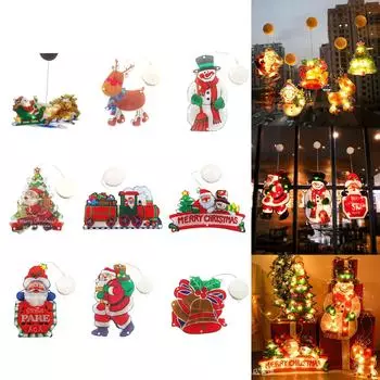 Светодиодные рождественские фонари на присосках, украшение для витрины, колокольчики для старика, лося, снеговика, ночные огни One Size