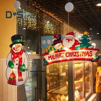 Светодиодные рождественские гирлянды на присосках, подвесные светильники в виде Санта-Клауса, лося, звезды, сезонные знаки, работающие от батареек, лампы на присосках Warm light