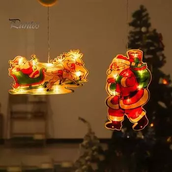 Светодиодные рождественские оконные огни, светящиеся лампы на присосках, подвесные колокольчики, елочные огни, снеговики, олени, работающие от батареек, для внутреннего и наружного праздничного декора A