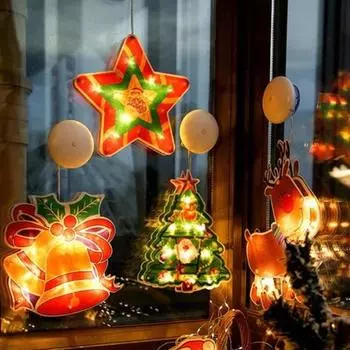 Светодиодные рождественские оконные огни, светящиеся лампы на присосках, подвесные колокольчики, елочные огни, снеговики, олени, работающие от батареек, для внутреннего и наружного праздничного декора A