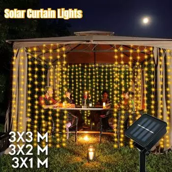 Светодиодные солнечные занавески, гирлянды, уличные водонепроницаемые медные провода, вечерние, садовые, дворовые, водопадные гирлянды, рождественские украшения 3mX1m 100LED теплый белый