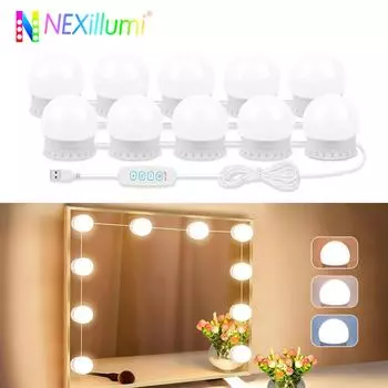 Светодиодные светильники для туалетного столика с 10 лампами с регулировкой яркости, регулируемый цвет и яркость, USB-кабель для туалетного столика в гардеробной USB Cable