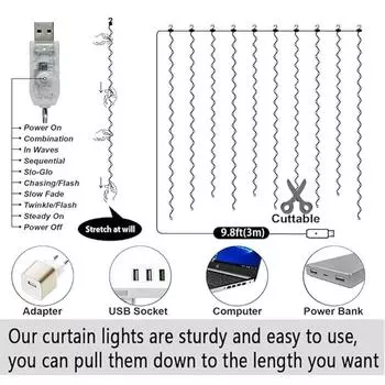 Светодиодные занавески 300 светодиодов, гирлянды USB, медные провода, пульт дистанционного управления, рождественские, свадебные, садовые, оконные, праздничные украшения 3mx1m 100LED теплый белый