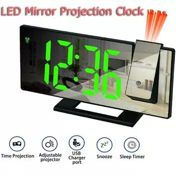 Светодиодные зеркальные часы, проекционные часы с повтором, настольные часы с вращением на 180°, будильник для спальни